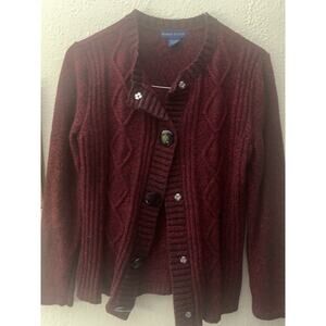 Karen Scott Cable Knit Sweater Womens Sz Med Red Black Snap Button Dressy Classy